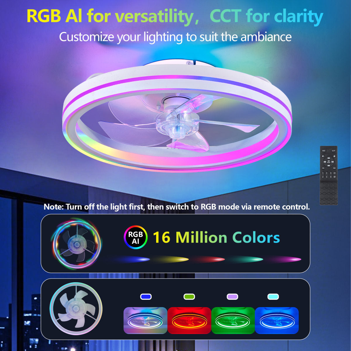 RGB Ceiling Fans With Lights, 19  Smart LED Ceiling Fan With Remote APP Control, Modern Low Profile Bladeless Chandelier Fan, Dimmable White Fandelier For Bedroom, Living Room, Kitchen