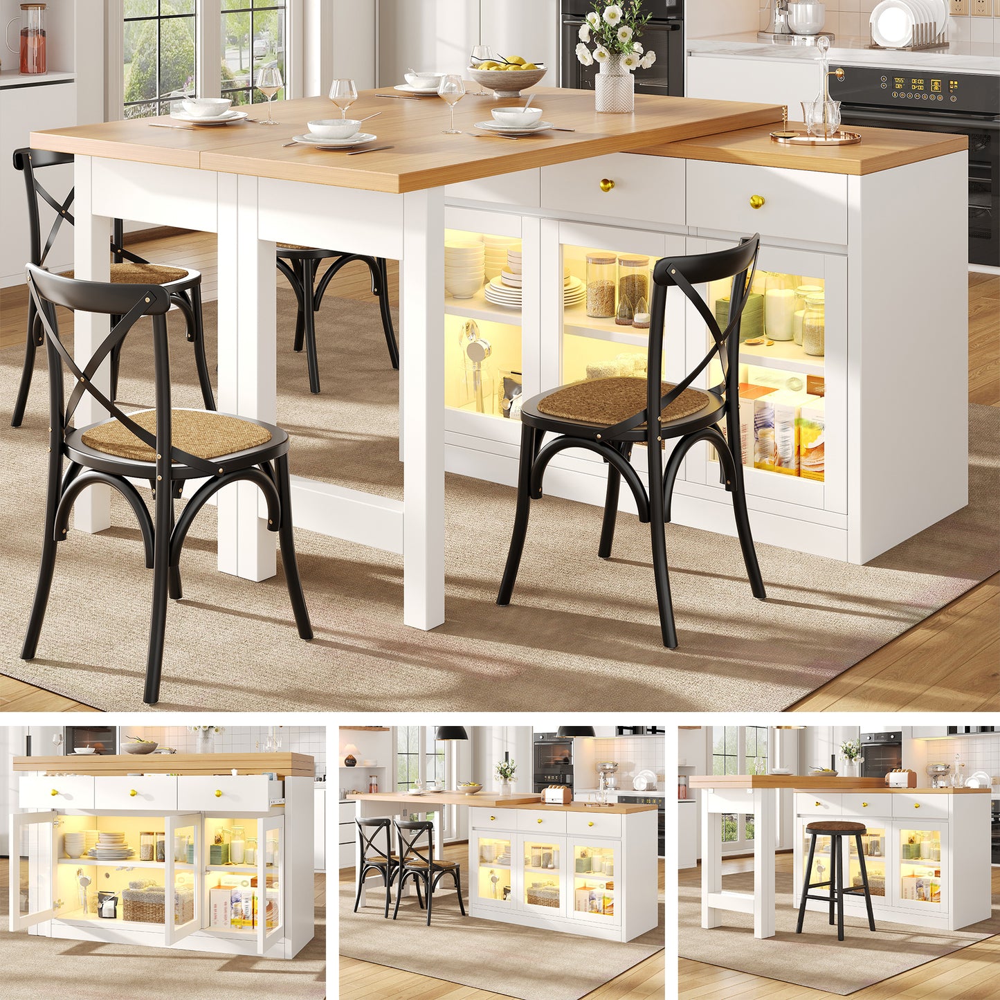 Extendable Kitchen Island With LED Lights, 120-200cm Adjustable Dining Table With Storage, 3 Drawers & Glass Cabinets, White Black