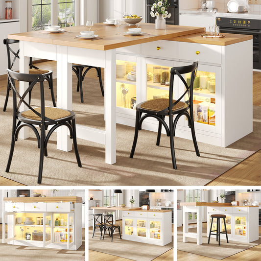 Extendable Kitchen Island With LED Lights, 120-200cm Adjustable Dining Table With Storage, 3 Drawers & Glass Cabinets, White Black