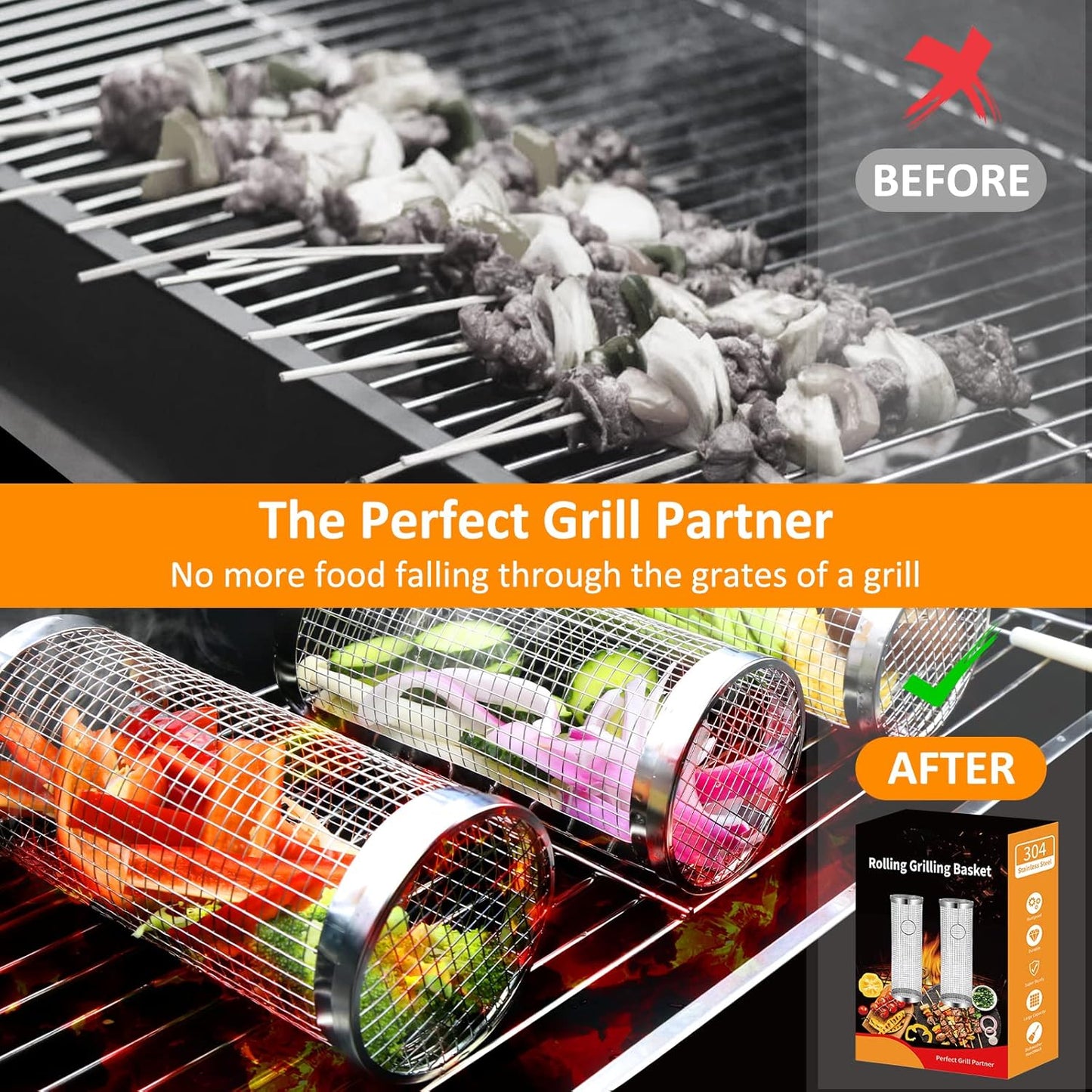 Rolling Grill Basket Grill Gifts For Men, 304 Stainless Steel, All-in-One Grilling Accessories For Vegetable Meat Food, Smoker BBQ Tools For Cooking Camping, Dad Husband Birthday Gifts