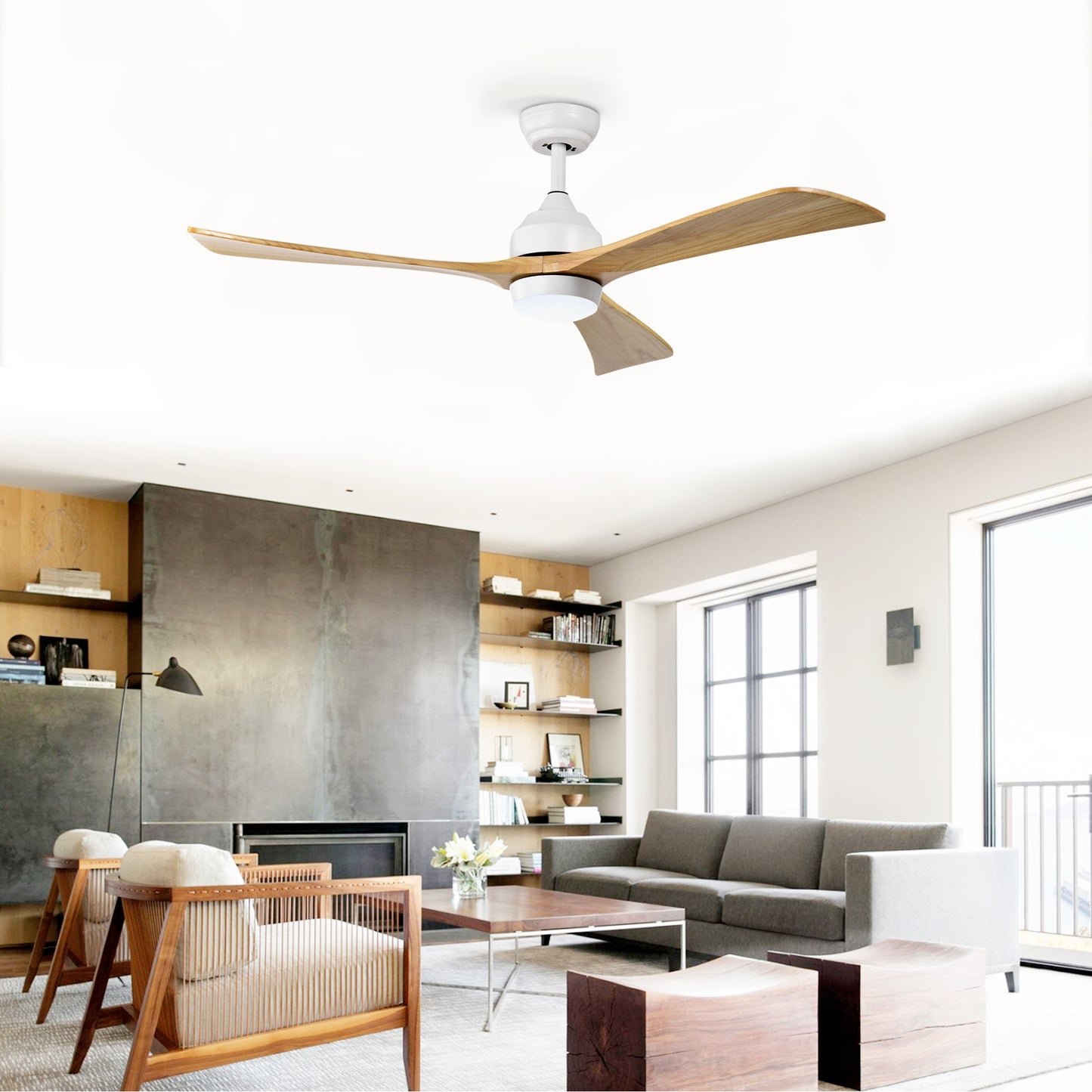 52  Solid Wood Blades Ceiling Fan With Lights Remote Control,Quiet DC Motor 3 Blade Ceiling Fans 6 Speed Levels,Reversible Ceiling Fan, For Patio Living Room, Bedroom, Office,Indoor. White  Natural