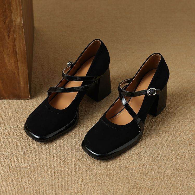French Square Toe Mary Jane Shoes For Children's Spring 2025 New Style, Thick Heel Cross With Shallow Mouth High Heels, Worn As A Single Shoe Outside