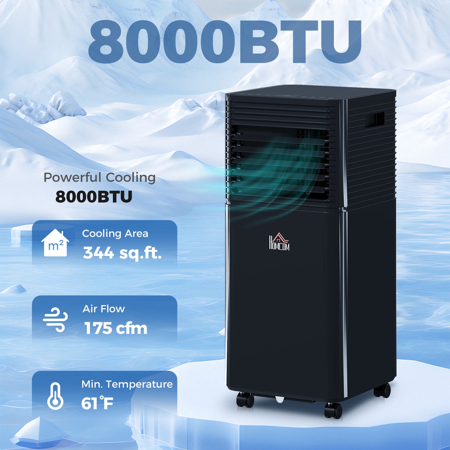 8000 BTU Portable Air Conditioner With Dehumidifier, Cooling Fan, Sleep, Remote, 24H Timer, Auto Off, Black