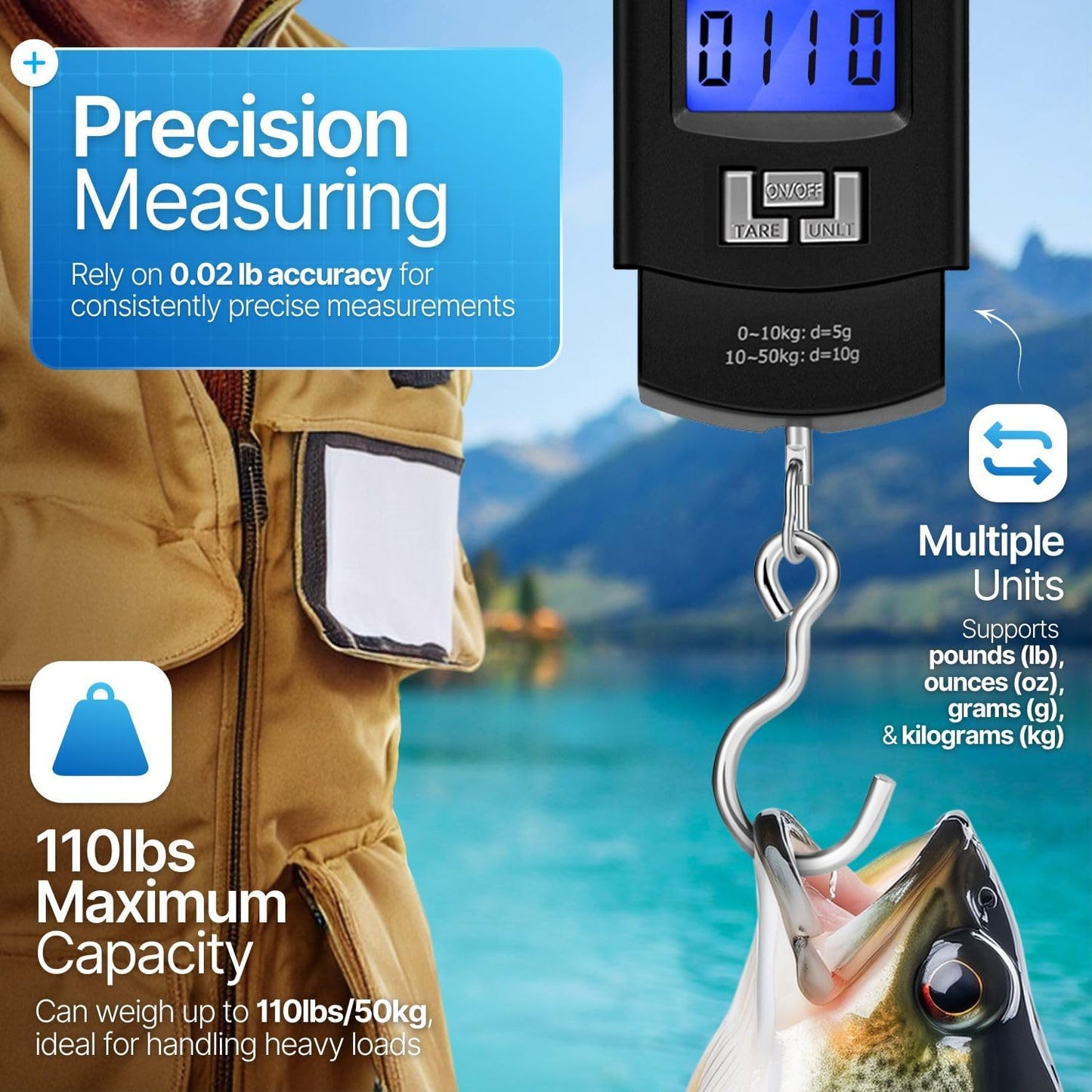 Digital Hanging Scale 110lb 50kg Portable Luggage Fish Scale With Tare, Backlit LCD, Steel Hook, Tape, Multi Unit Kg Lb Oz Jin, Batteries Included. Great For Travel, Fishing, Home, Farm, Hunting