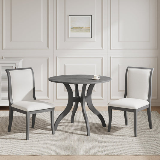 Oak Gray Dining Table Set:39.4" Round Table + 2 Chairs - Traditional Solid Wood Kitchen Set with Inlaid Tabletop, Elegant Curved Legs for Dining Room