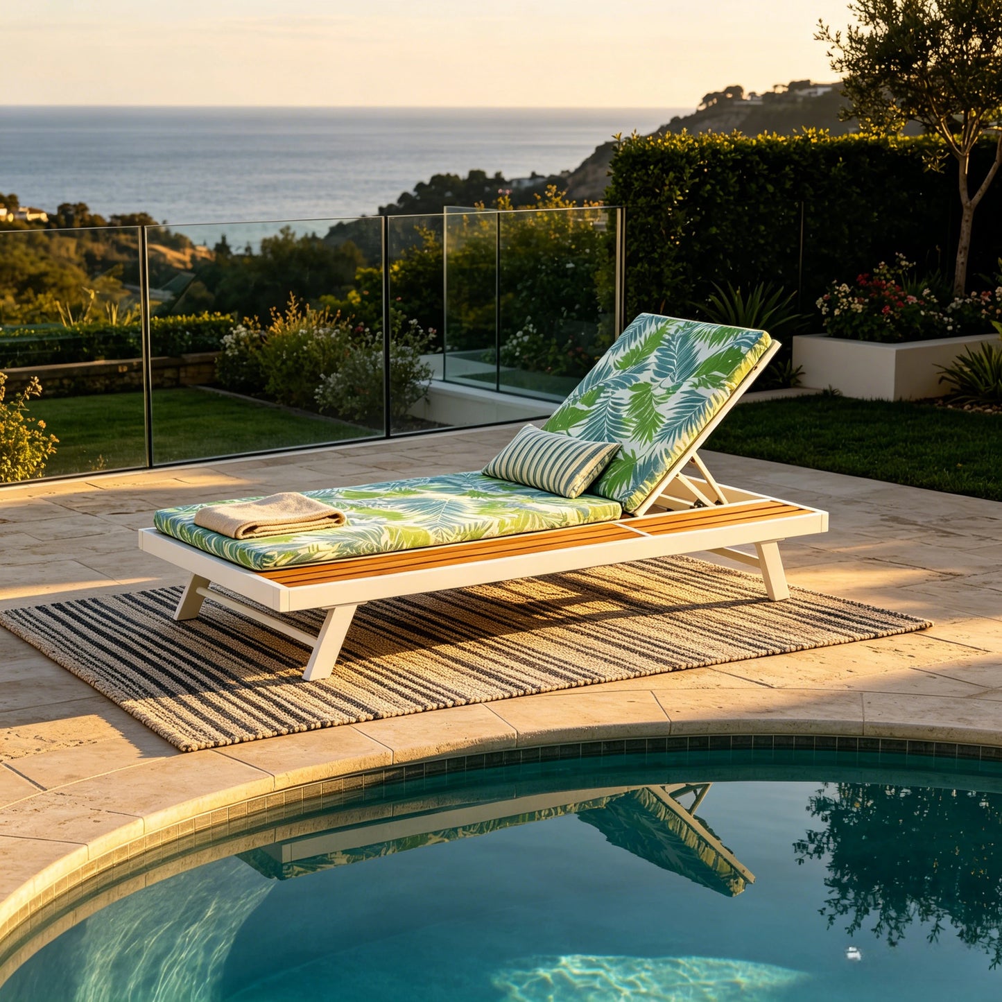 White Iron   Teak Finish Outdoor Chaise Lounge Set With Leaf Coconut Cushion, 2  Thick 2-Fold Water-Resistant Cushion, Adjustable Backrest With Flat Storage Surface For Patio Poolside