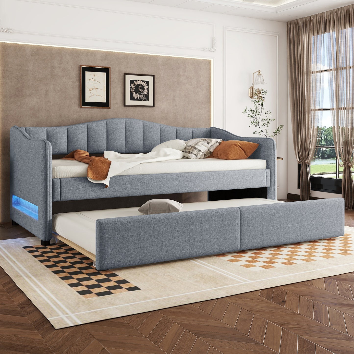 Daybed, 90x200cm Daybed With Pull-Out Bed, Sofa Bed, Single Bed Without Mattress , Ambient Light Design, Linen, Minimalist Styling, Grey