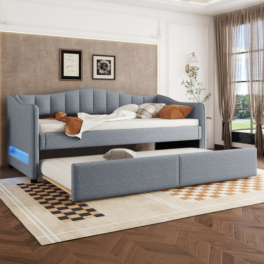 Daybed, 90x200cm Daybed With Pull-Out Bed, Sofa Bed, Single Bed Without Mattress , Ambient Light Design, Linen, Minimalist Styling, Grey