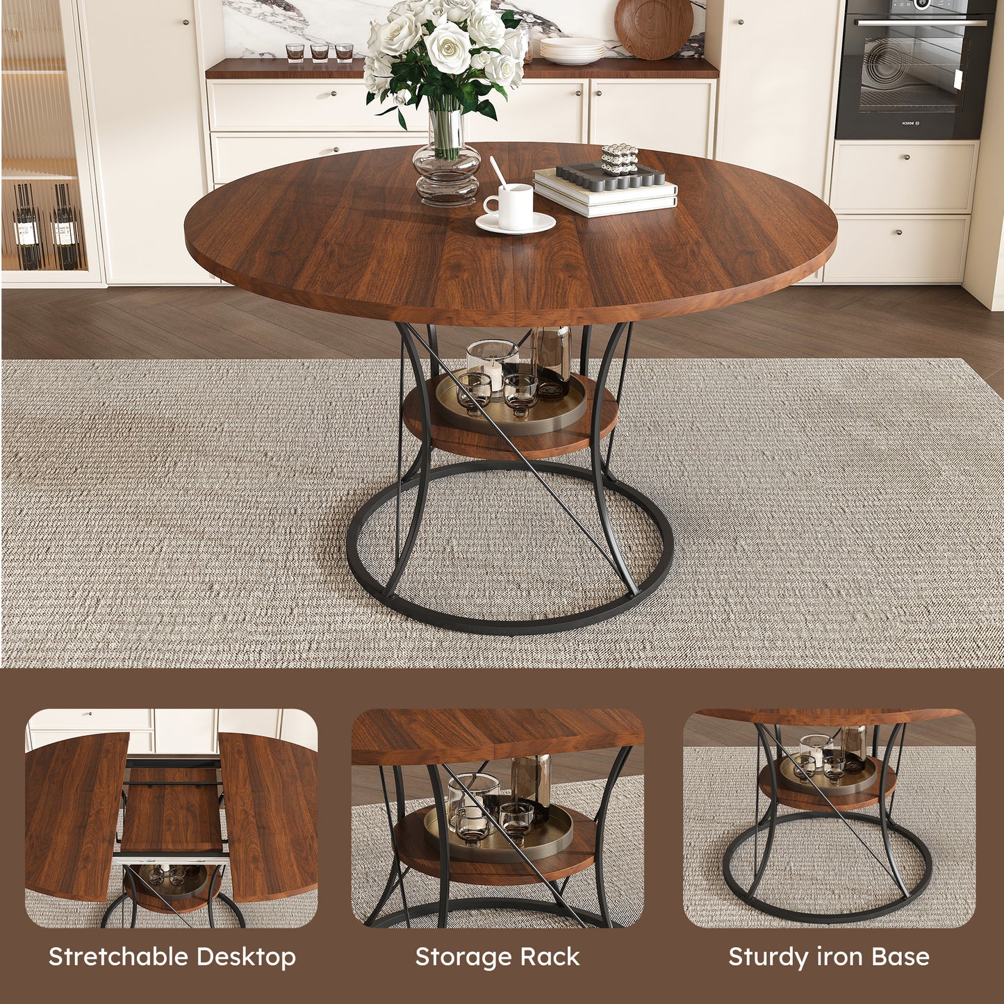 43 Inch Round Dining Table For 4-6  Expandable Farmhouse Kitchen Table With Storage Shelf & Metal Base  Brown & Black Extendable Wood Table From 43 To 59 Inch  Large Round Table For Home  No Chairs