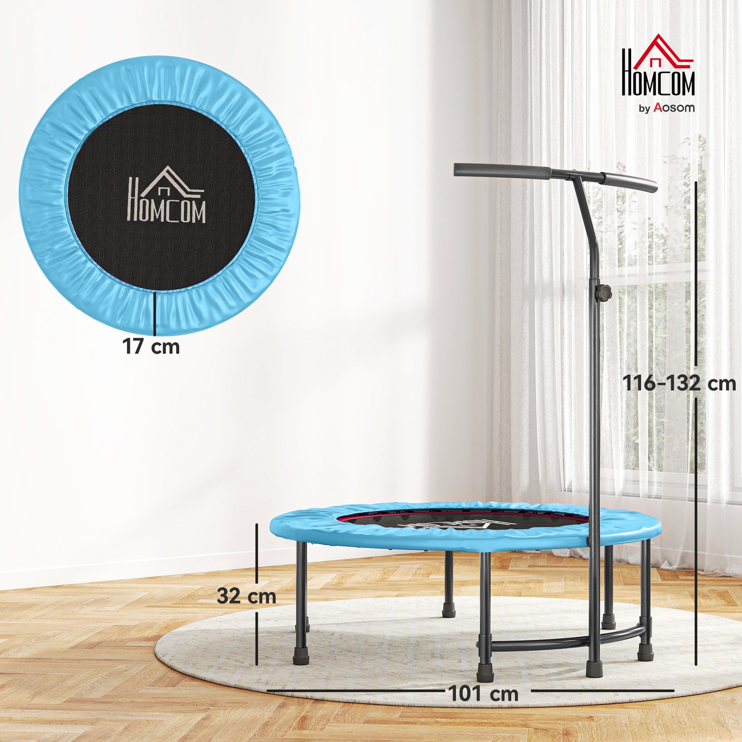40" Fitness Trampoline With Adjustable Handle, Rebounder Trampoline, Mini Jumper For Indoor Exercise Workout, Blue
