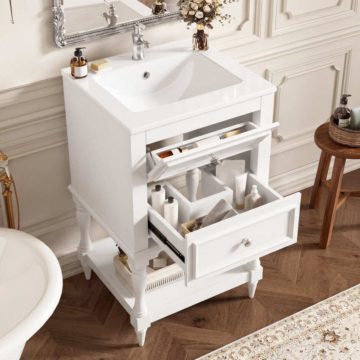 20'' Bathroom Vanity with Ceramic Sink, Bathroom Storage Cabinet with Open Shelf , Retro Design Bathroom Cabinet with 2 Drawers