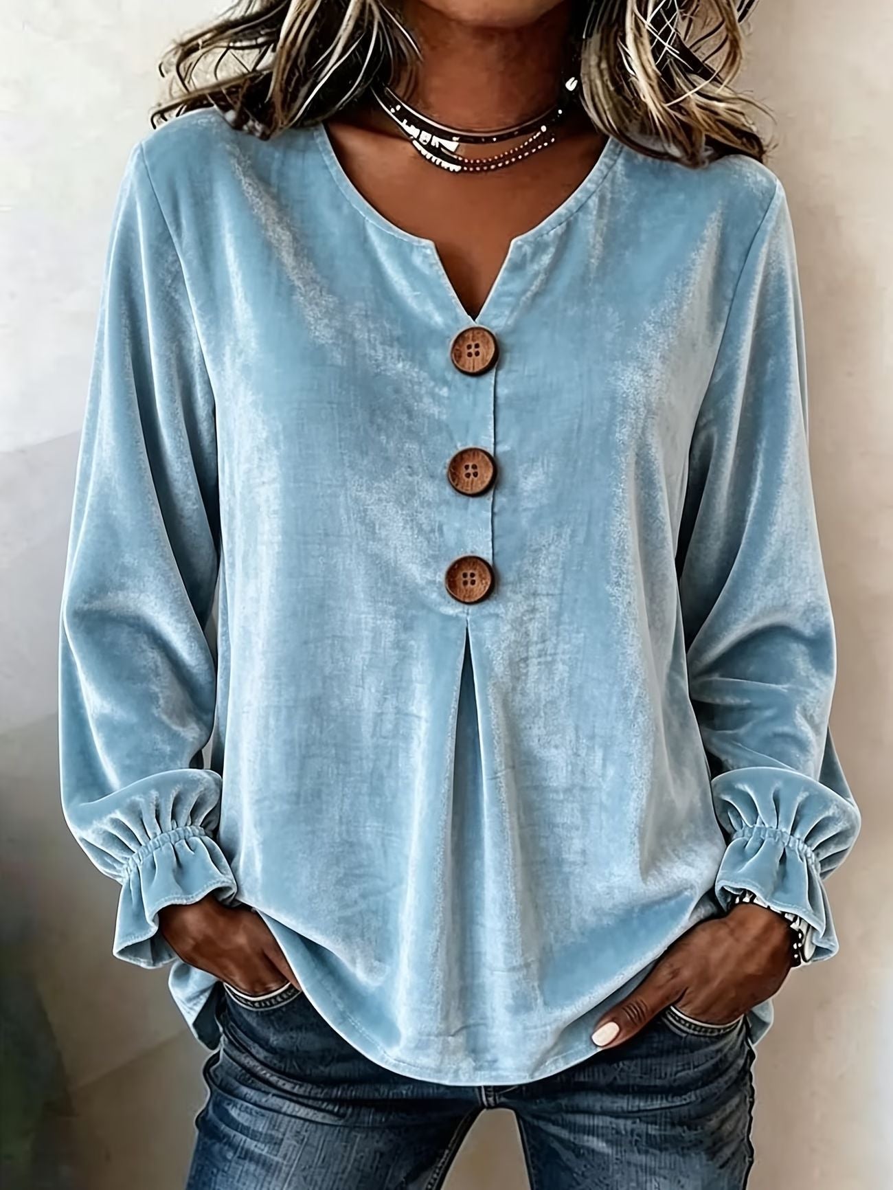 New Velvet Long Sleeve Blouse, Fashion V-Neck Button Shirt