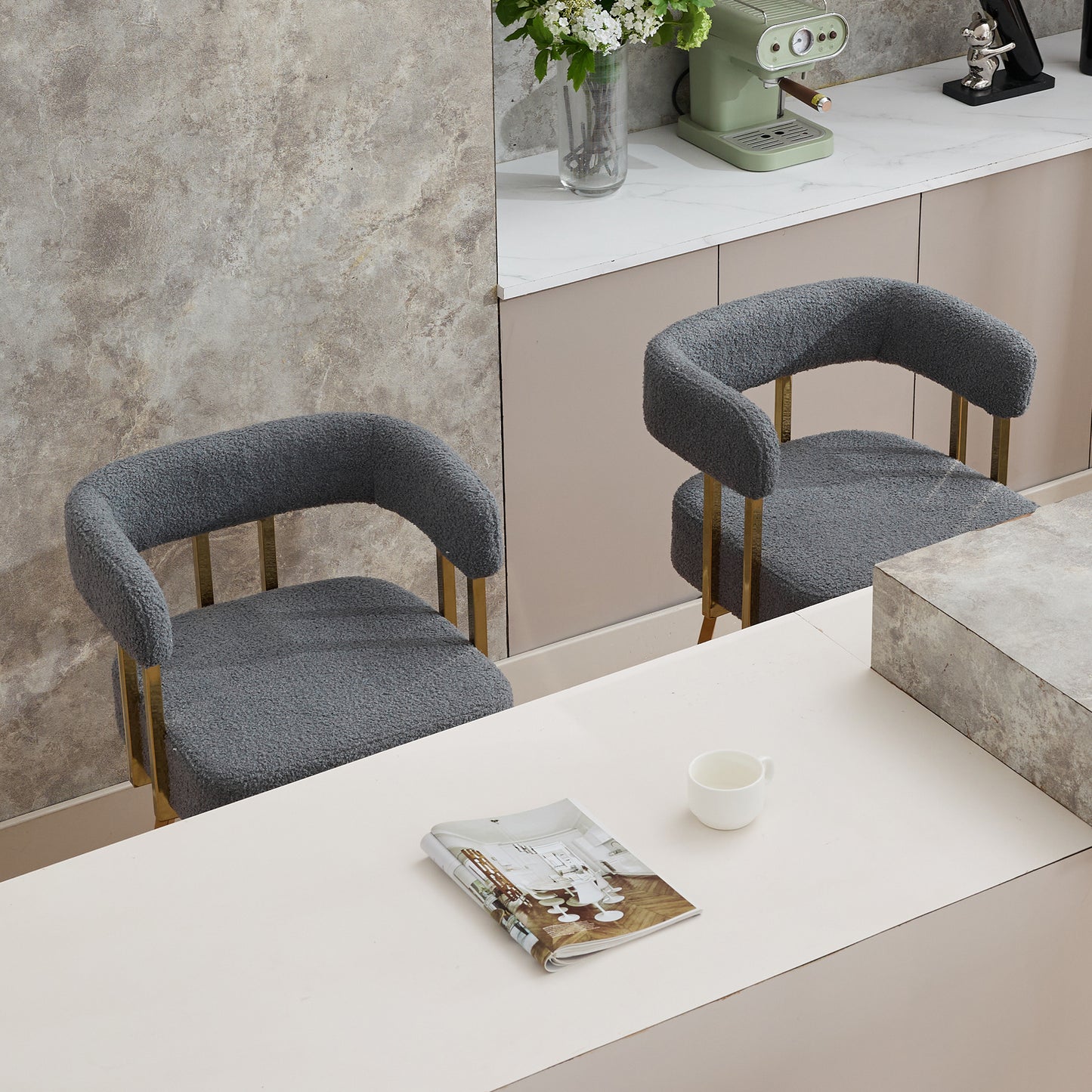 TS Modern Decorative Chair, Living Room Side Chair With Gold Metal Legs, No Wheels, Suitable For Dressing Area, Reception Room, Office,Teddy Fleece Upholstered Metal Foot Bar Chairs 2PC Gray