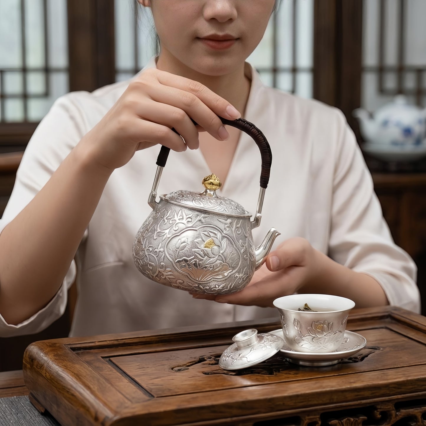 925 Sterling Silver Ornate Handcrafted Sterling Silver Tea Kettle with Lotus Flower Motif and Dark Woven Handle - Handicraft
