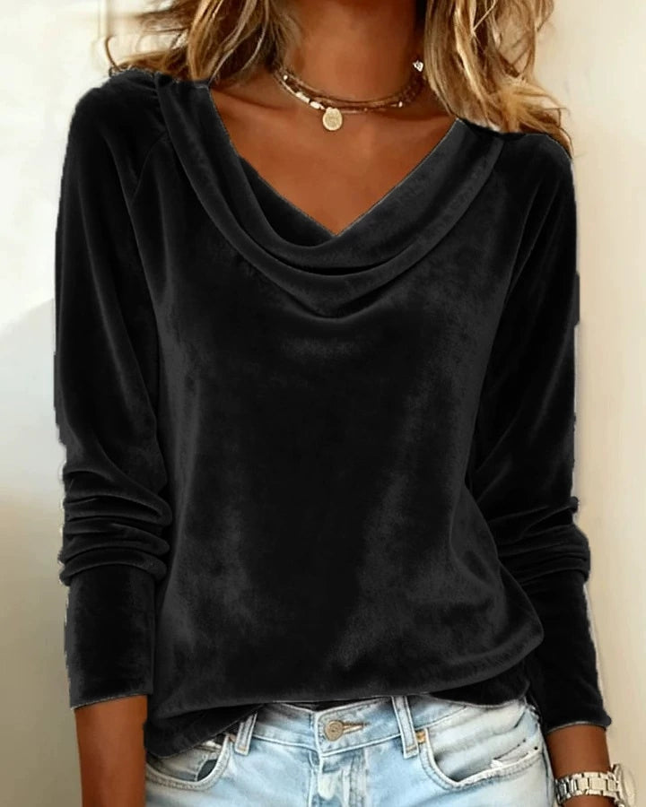 Fashion New Solid Color Cowl Neck Long Sleeve Sexy Velvet T-shirt