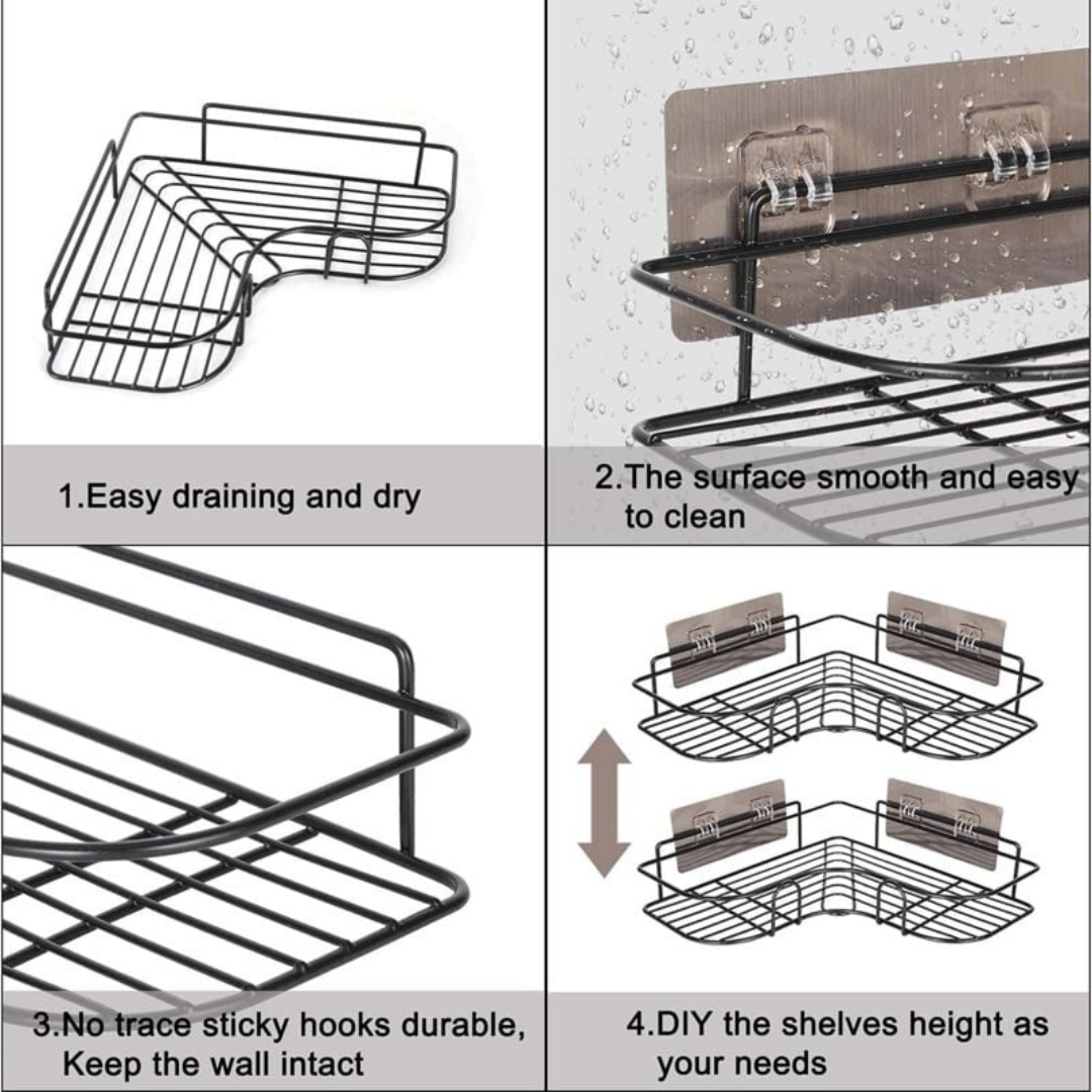 Shower Corner Shelf No Drilling, Bathroom Accessories 8 Adhesive Stickers, Kitchen Storage  Black