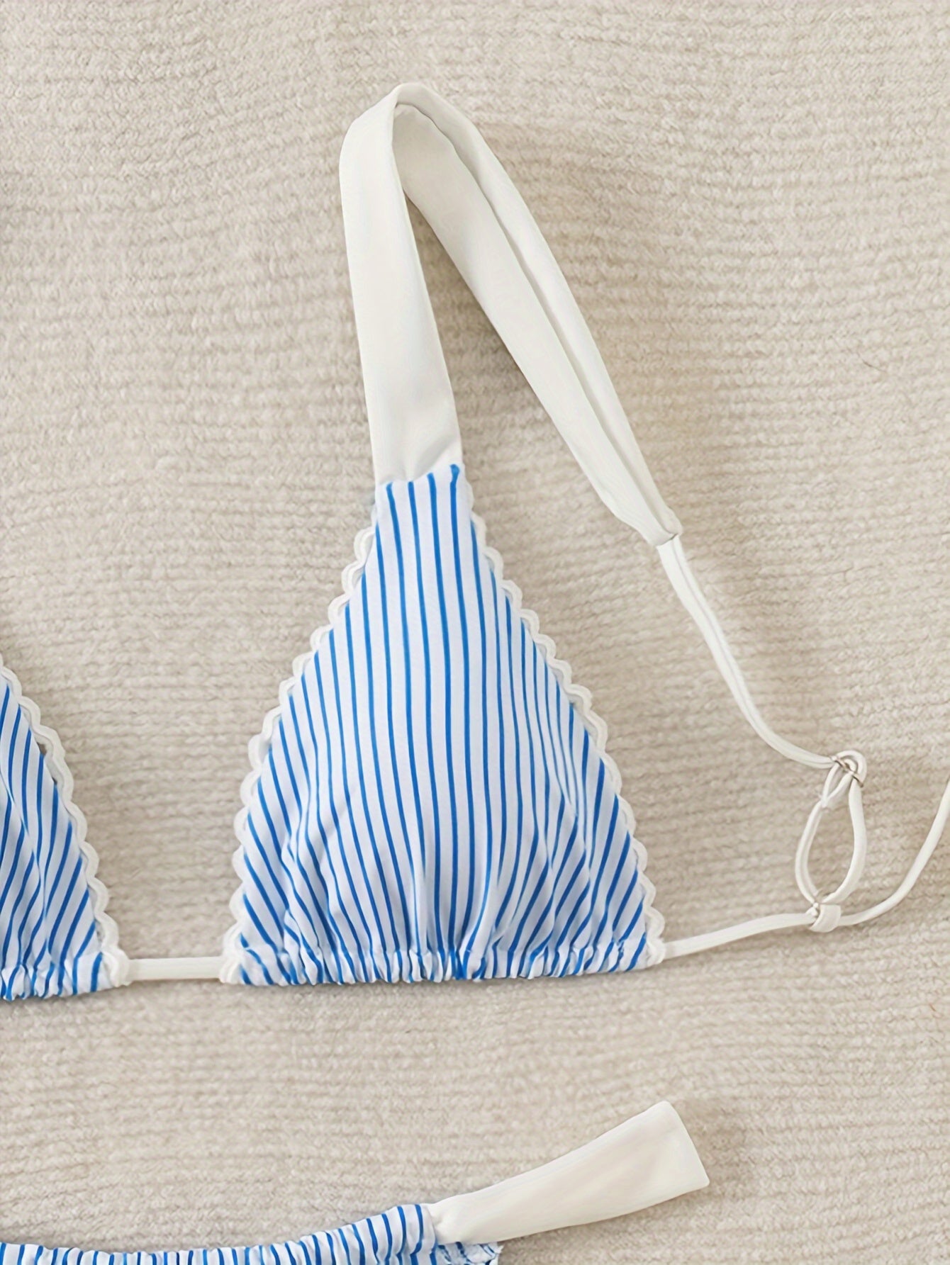 2026 New Blue White Vertical Stripe Color Block Wide Strap Triangle Bikini Set Women Ruffle Ruched High Cut Two Piece Swimsuit For Beach Vacation, Korean Style