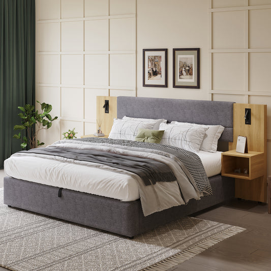 Upholstered Bed 160 X 200 Cm, Hydraulic Wide-eared Bed With USB Connection, With Lighting, Including Two Bedside Tables With Storage Space, Wooden Slatted Frame, Easy Construction, Velvet, Grey  Natu