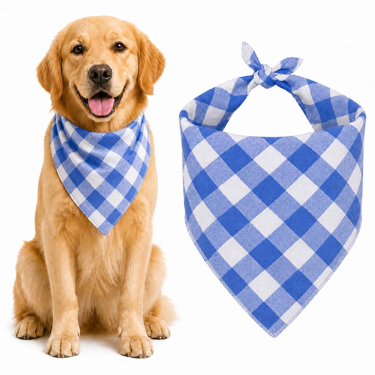 Blue & White Plaid Dog Bandana 1 Pack, Soft Cotton Blend Square Pet Scarf For Medium Dogs, Lightweight Breathable Kerchief, Fits Neck Up To 18 Inches