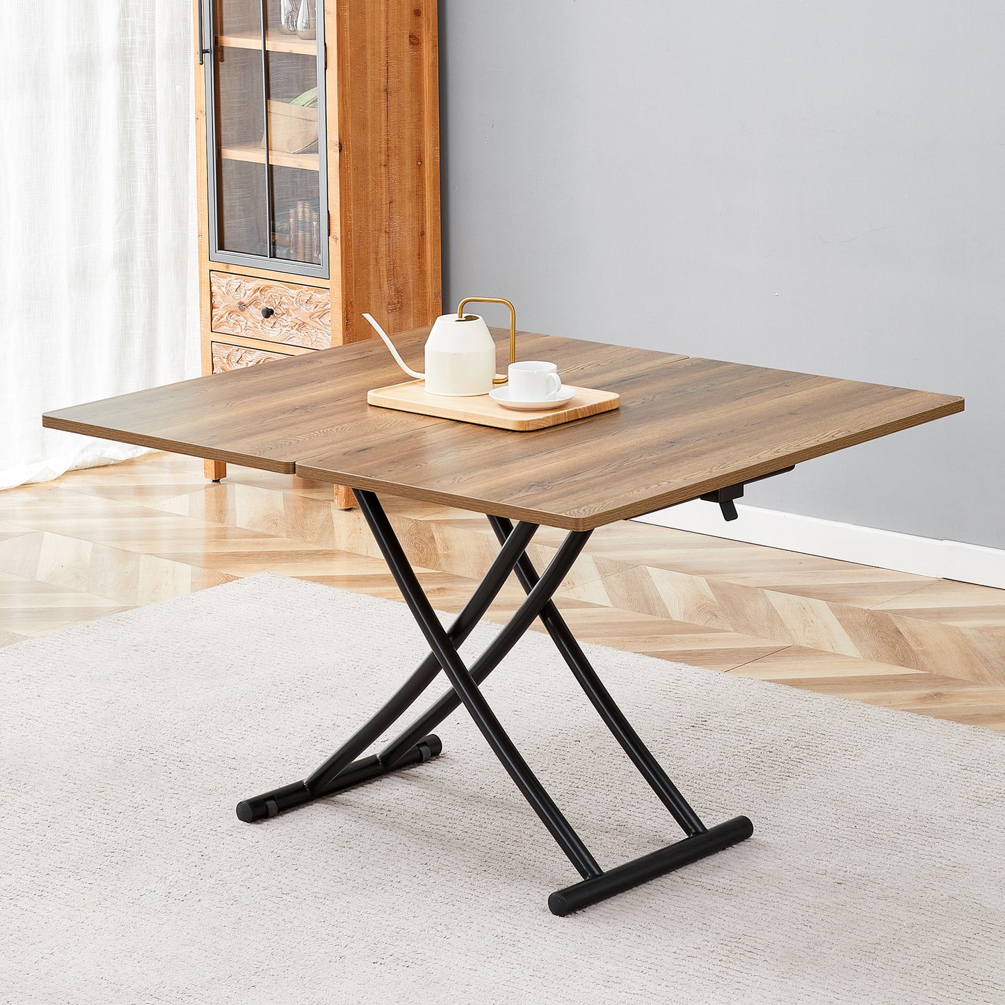 Modern Minimalist Multifunctional Lift Table With 0.8 Inch Thick MDF Desktop And Black Metal Legs, Can Be Used As A Dressing Table, Coffee Table, Dining Table, And Office Table.Wood Textured Desktop.