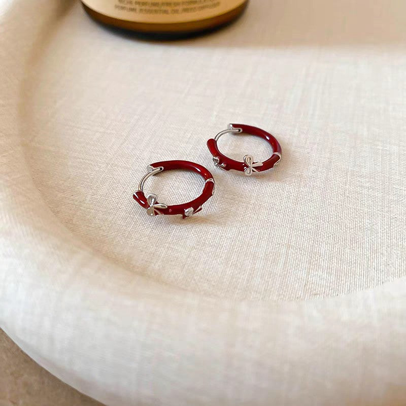 1 Pair 999 Sterling Silver Wine Red Enamel Butterfly Hoop Earrings, Retro & Elegant, Perfect For Daily, Dating & Festivals, Ideal Valentine's Gift