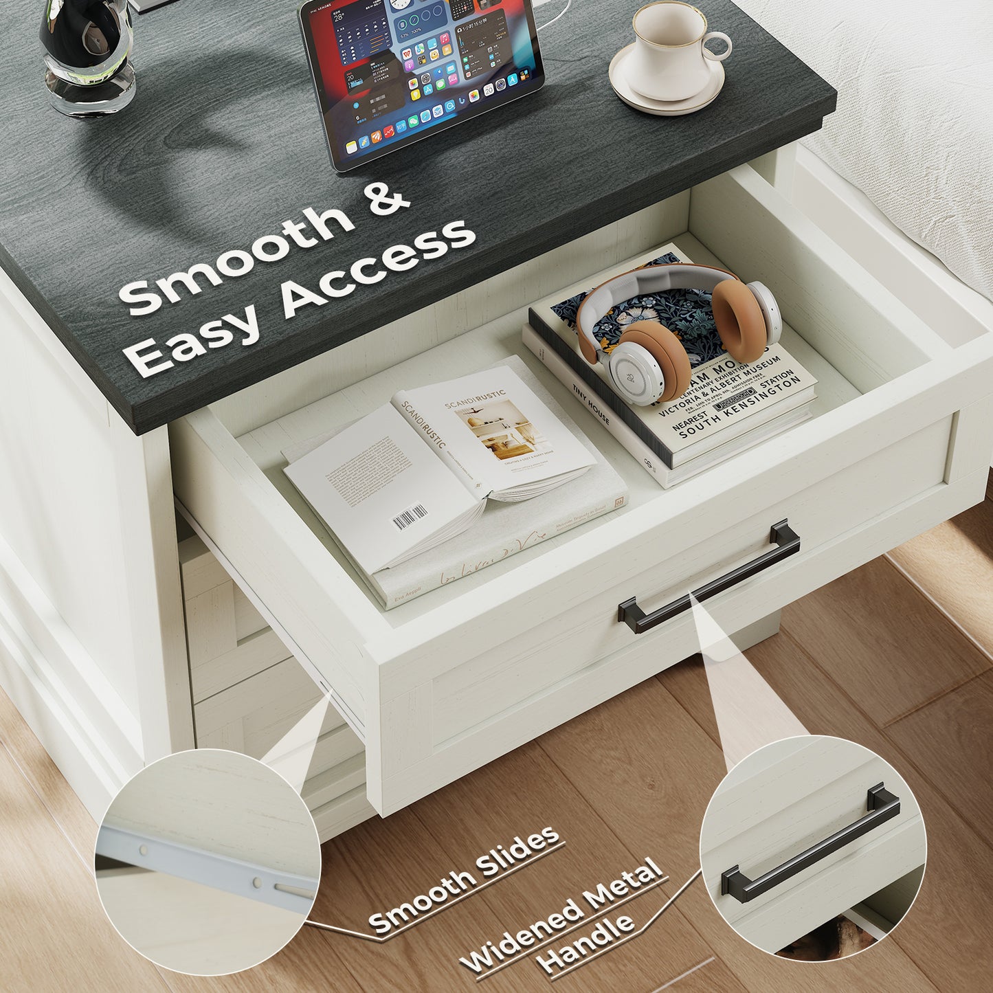 Country-style Bedside Table With Charging Device, Coffee Table With A Large Drawer, Small Side Table, Storage Cabinet
