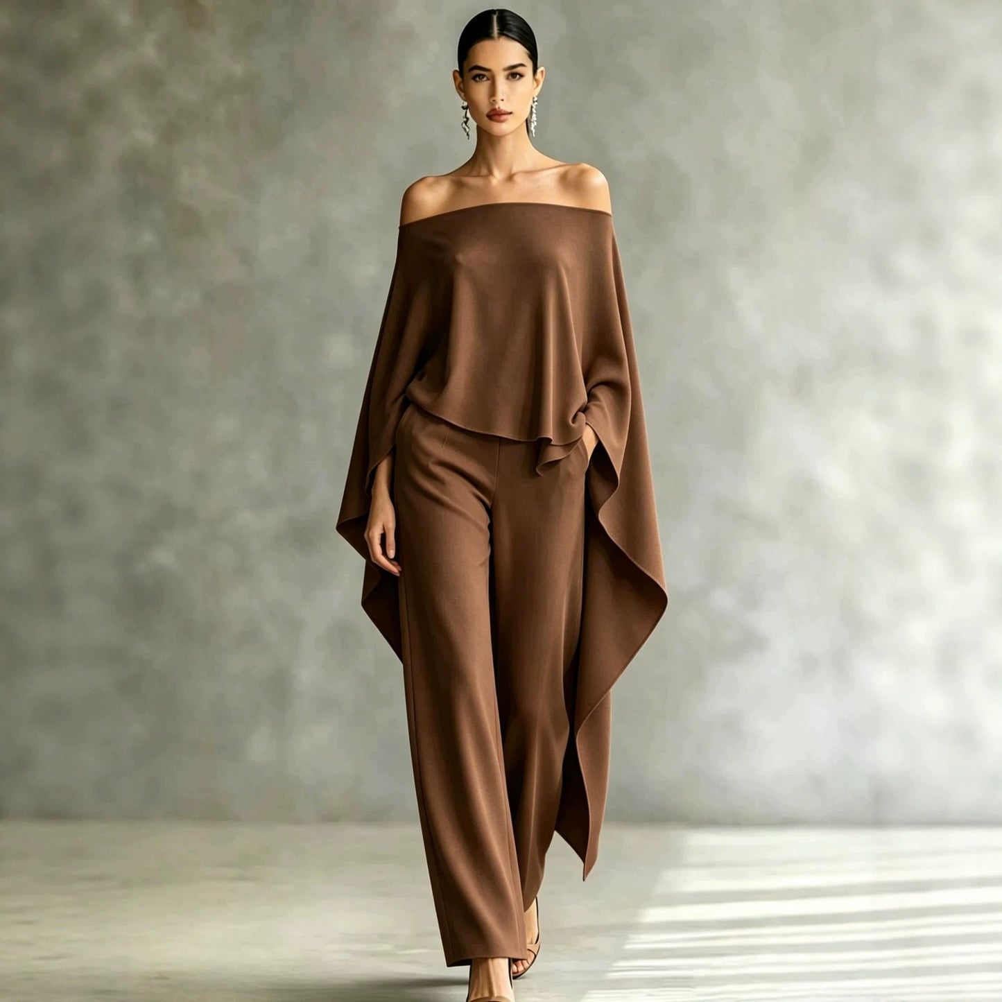 Autumn Fashion Off-Shoulder Wide-Leg Pants Set Womens Solid-Color Asymmetric Two-Piece Set