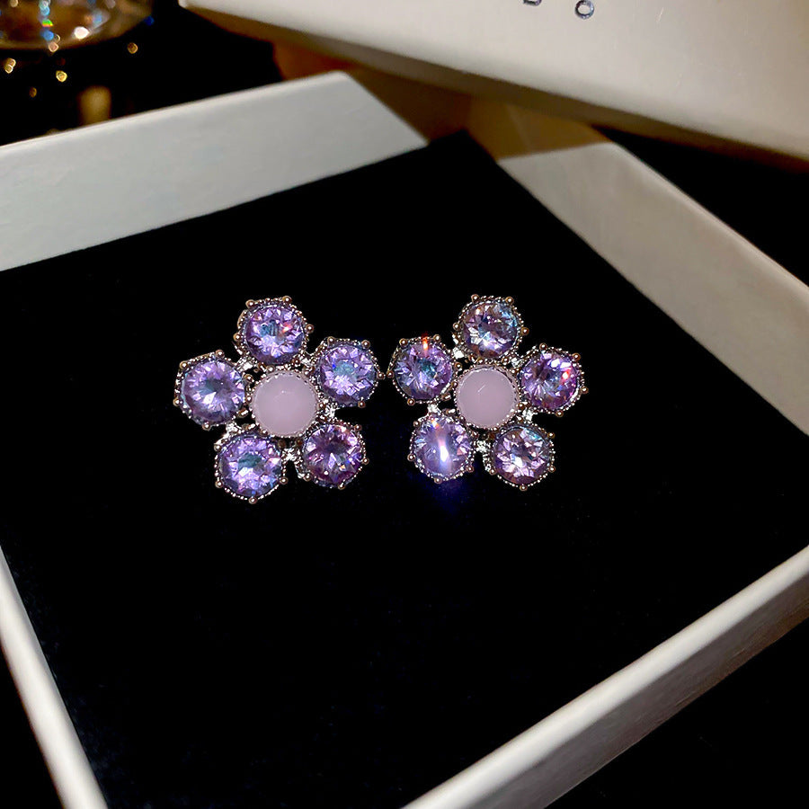 Korean Style Sweet Purple Rhinestone Crystal Flower Earrings For Women Luxury Elegant Versatile