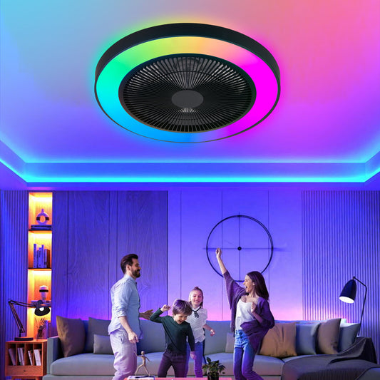 19-inch Black Ceiling Fan Light With LED RGB  Dimmable & Color-Changing, APP & Remote Control, Modern Smart Ceiling Fan For Living Room, Bedroom, And Dining Room Silent 6-Speed Reversible DC Motor