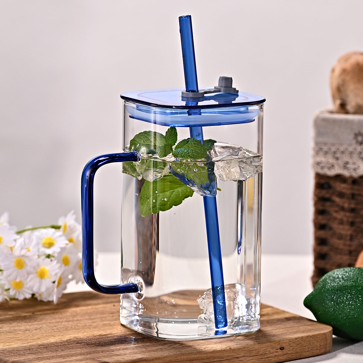 1 Pcs Blue Glass Straw Cup, 4 Colors Square Glass Cup With Straw And Lid, High Borosilicate Glass Cup, Milk Cup, Juice Cup, Cold Drink Cup, Coffee Cup, Tea Cup, Office Cup, Gift Cup