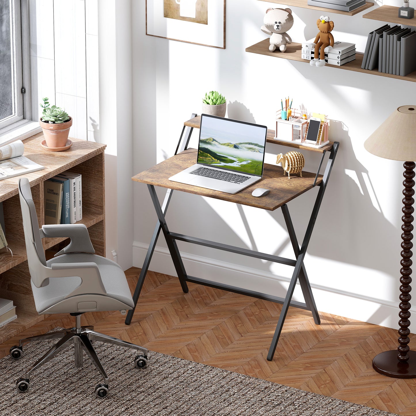 81.5 Cm Folding Computer Desk With Monitor Shelf - Rustic Brown