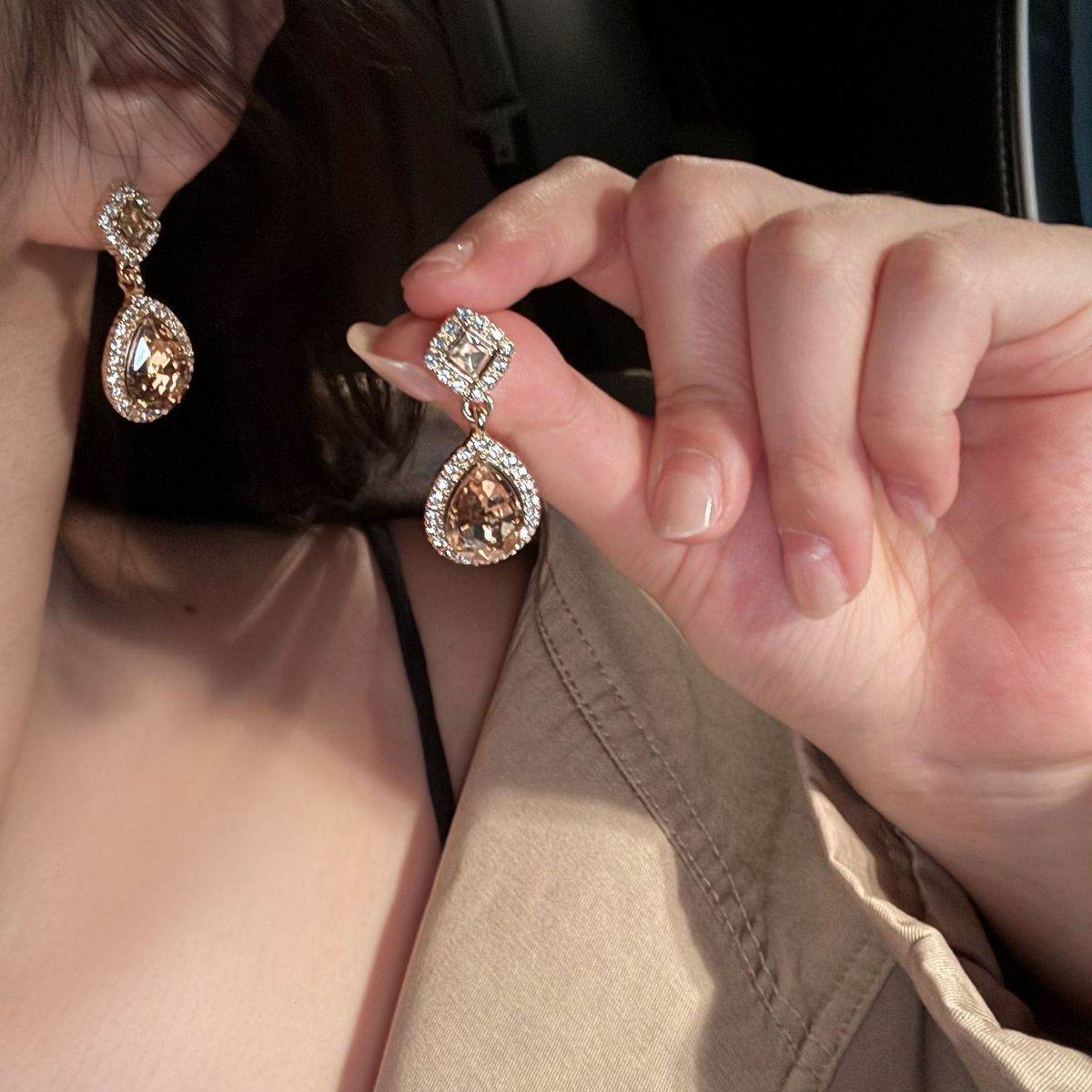 S925 Silver Super Sparkling Paved Rhinestone Teardrop Earrings For Women, Korean Personalized Versatile Drop Earrings, European American Exaggerated Stud & Clip On Ear Jewelry