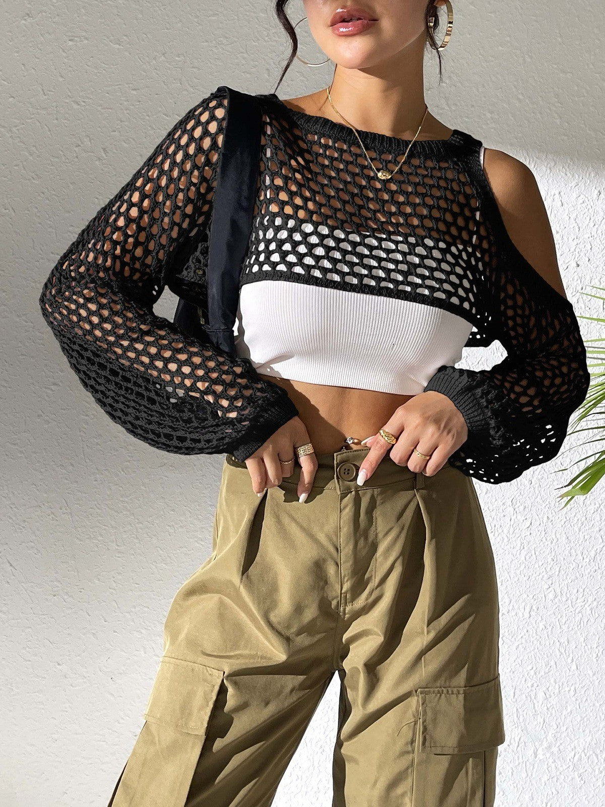 Women Sexy Cropped Crop Top, Hollow Knit Cover Up, European American Cross-border Fashion Casual Outerwear