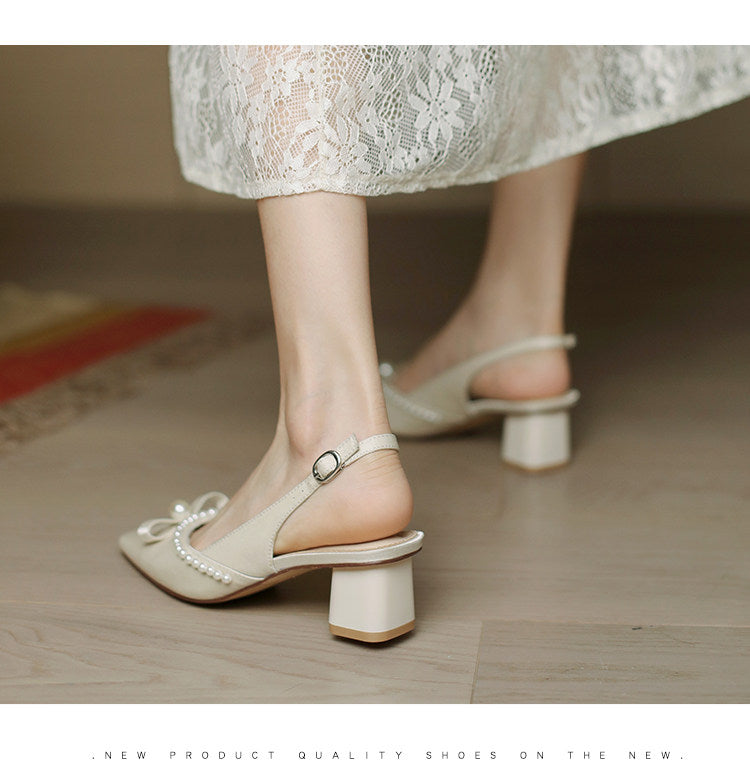 Women Block Heel Closed Toe Sandals, 2026 Summer New Fashion Square Toe Back Strap Pearl Fairy Style High Heel Pumps