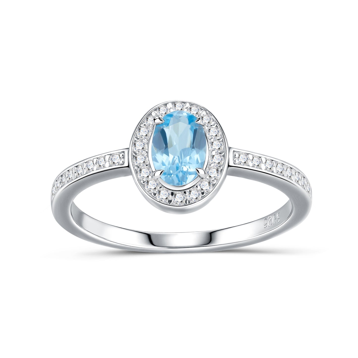 S925 Sterling Silver Platinum Plated Ring  Oval Cut Blue Topaz Halo Band 2g Dainty Promise Ring For Women Fashion Jewelry Gift Box Set