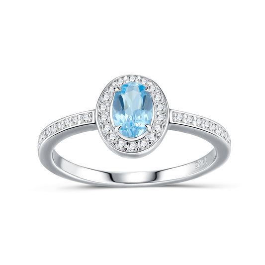S925 Sterling Silver Platinum Plated Ring  Oval Cut Blue Topaz Halo Band 2g Dainty Promise Ring For Women Fashion Jewelry Gift Box Set