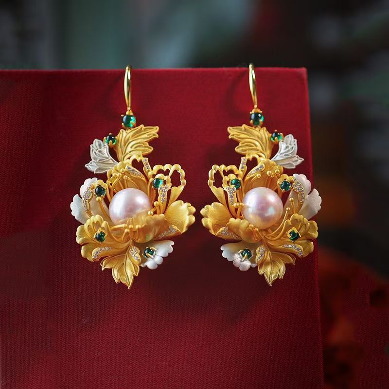 New Chinese Style Filigree Peony Pearl Earrings For Women, Ancient Vintage Ear Jewelry Matching Hanfu & Cheongsam