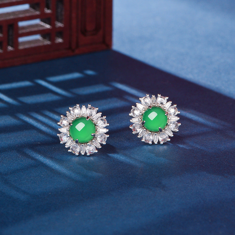 S925 Sterling Silver Flower Stud Earrings, 6mm Round Green Chrysoprase, Platinum Plated 3.2g Elegant Women's Jewelry With Gift Box Set