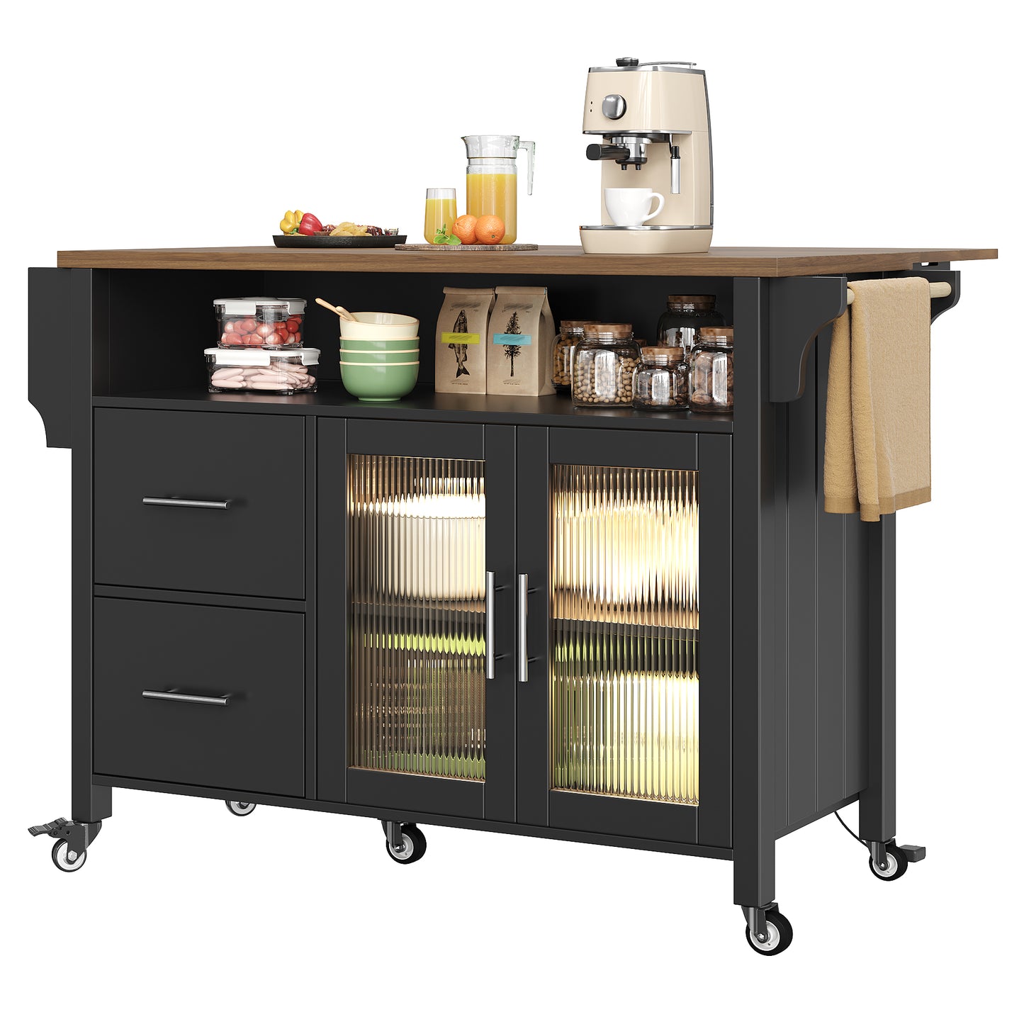 Kitchen Island With Removable Dividers, Dining Trolley With Worktop, Buffet Cabinet, Dining Trolley With Glass Display Case In Wood Grain, LED Lights, Side Towel Rail With Wheels, Black