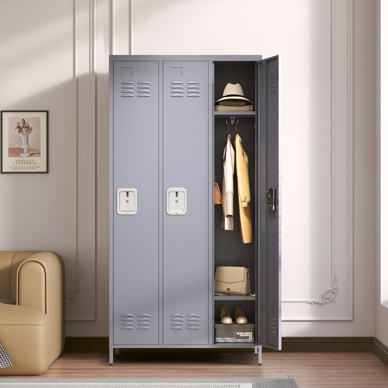 3-Door 72in Steel Locker W Locks For Employees, Storage Cabinet For Home Gym Office School Garage, Gray