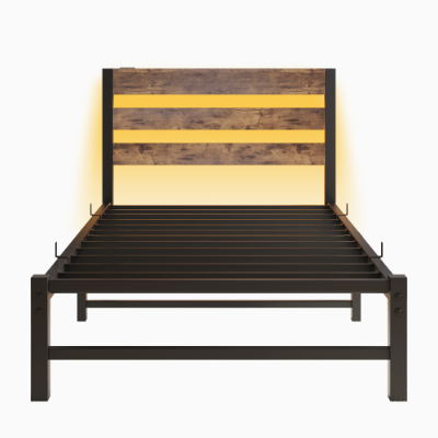 Twin Size Bed Frame Heavy Duty Platform Bed Frame With Headboard, USB Charging Station, LED Bed, No Box Spring Needed, Mattress Foundation, Strong Steel Slats, Noise Free, Brown