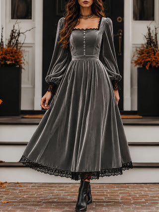Square Neck Lace Spliced Velvet Dress For Women, New Autumn Winter Evening Gown