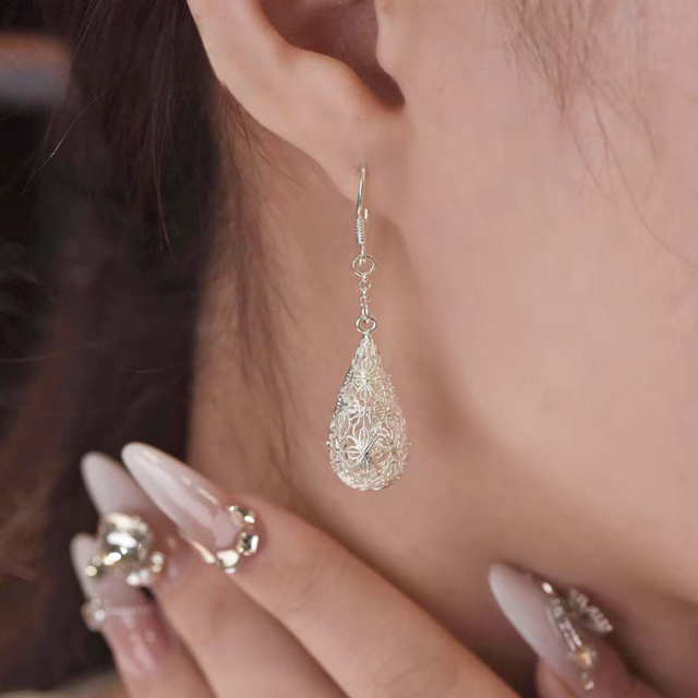 1 Pair 999 Sterling Silver Filigree Hollow Teardrop Drop Earrings, Retro & Elegant, Perfect For Daily, Party & Dating, Ideal Valentine's Gift