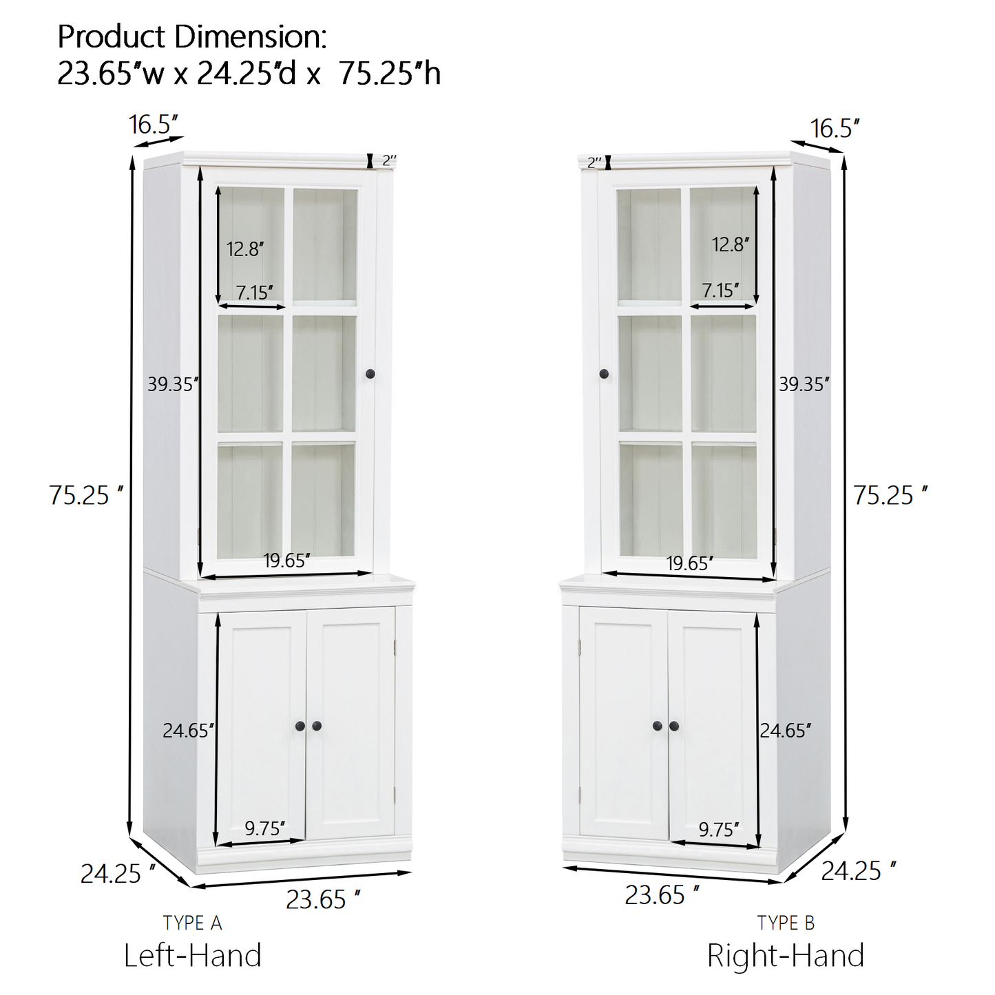 75.25  Tall Freestanding Pantry Cabinet With Glass Door & Lattice Window, Farmhouse Display Cabinets With Storage, Hutch With Double-Action LH&RH Door, For Hallways, Livingroom Kitchen & Office,White