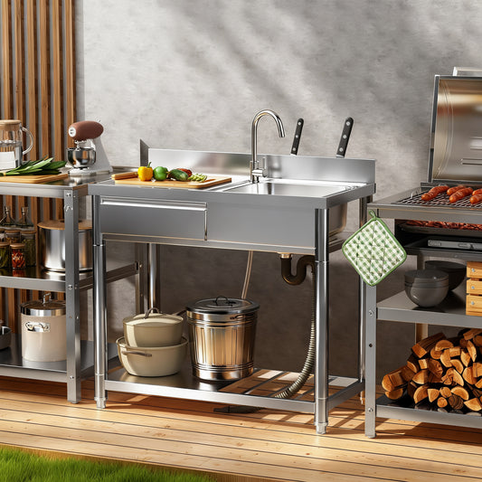 304 Stainless Steel Outdoor Utility Sink With Workbench & Storage Shelf, Freestanding Prep Table With Left Drawer, 39in Garden Patio Sink Station With 360degree Hot & Cold Water Faucet