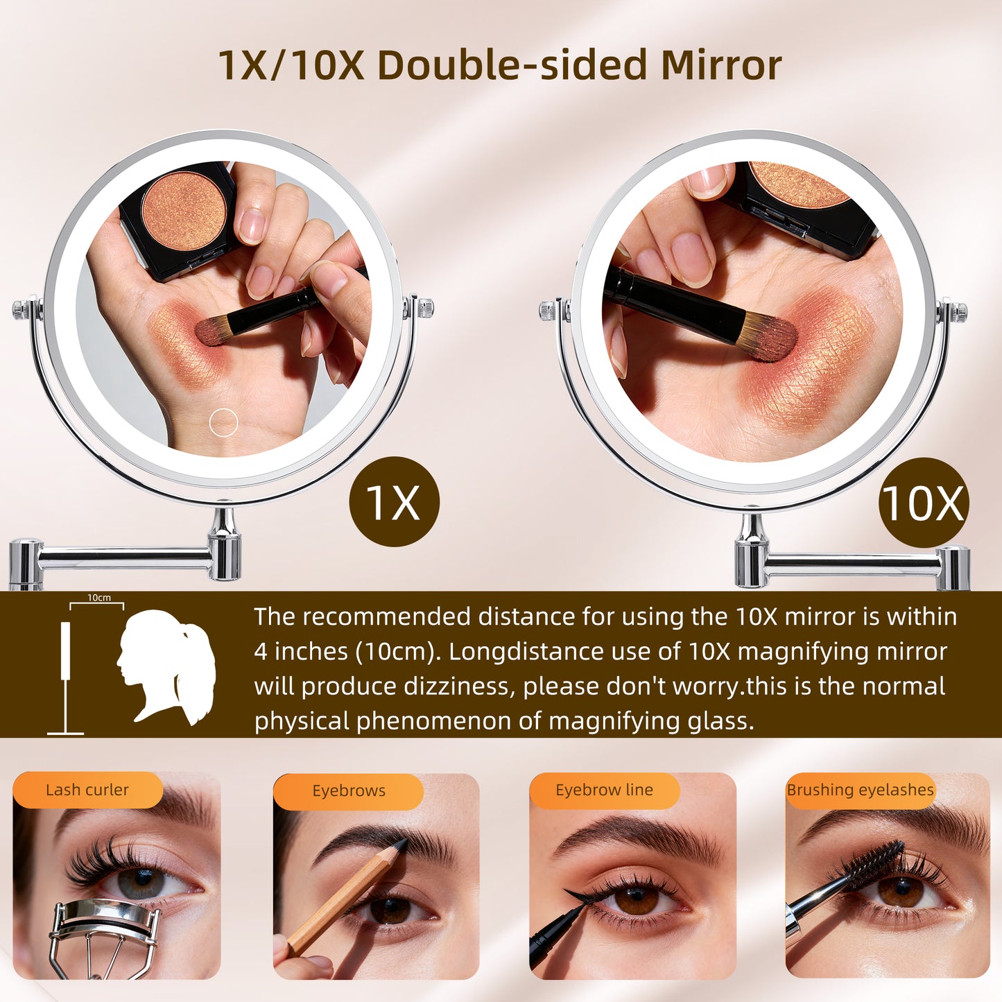 Rechargeable Wall Mounted Makeup Mirror 8 Magnifying Mirror With Lights Double Sided 1X10 360 Rotation Extension Bathroom Shaving Mirror With Foldable Arm