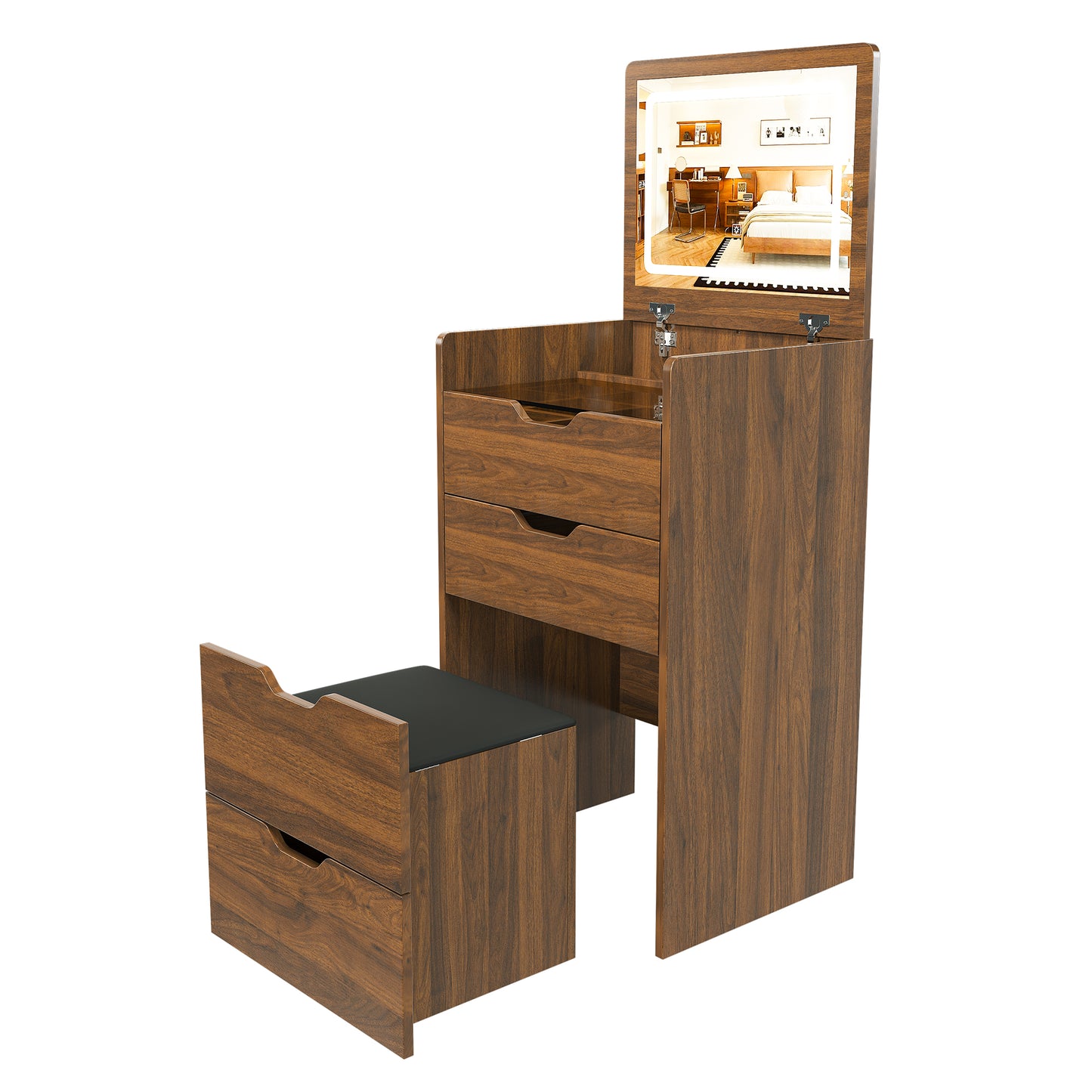 3-in-1 Vanity Desk With Lighted Mirror & Stool, Flip Top Makeup Dressing Table, Compact Storage For Bedroom, Bathroom, Dressing Room 18.9L, Walnut