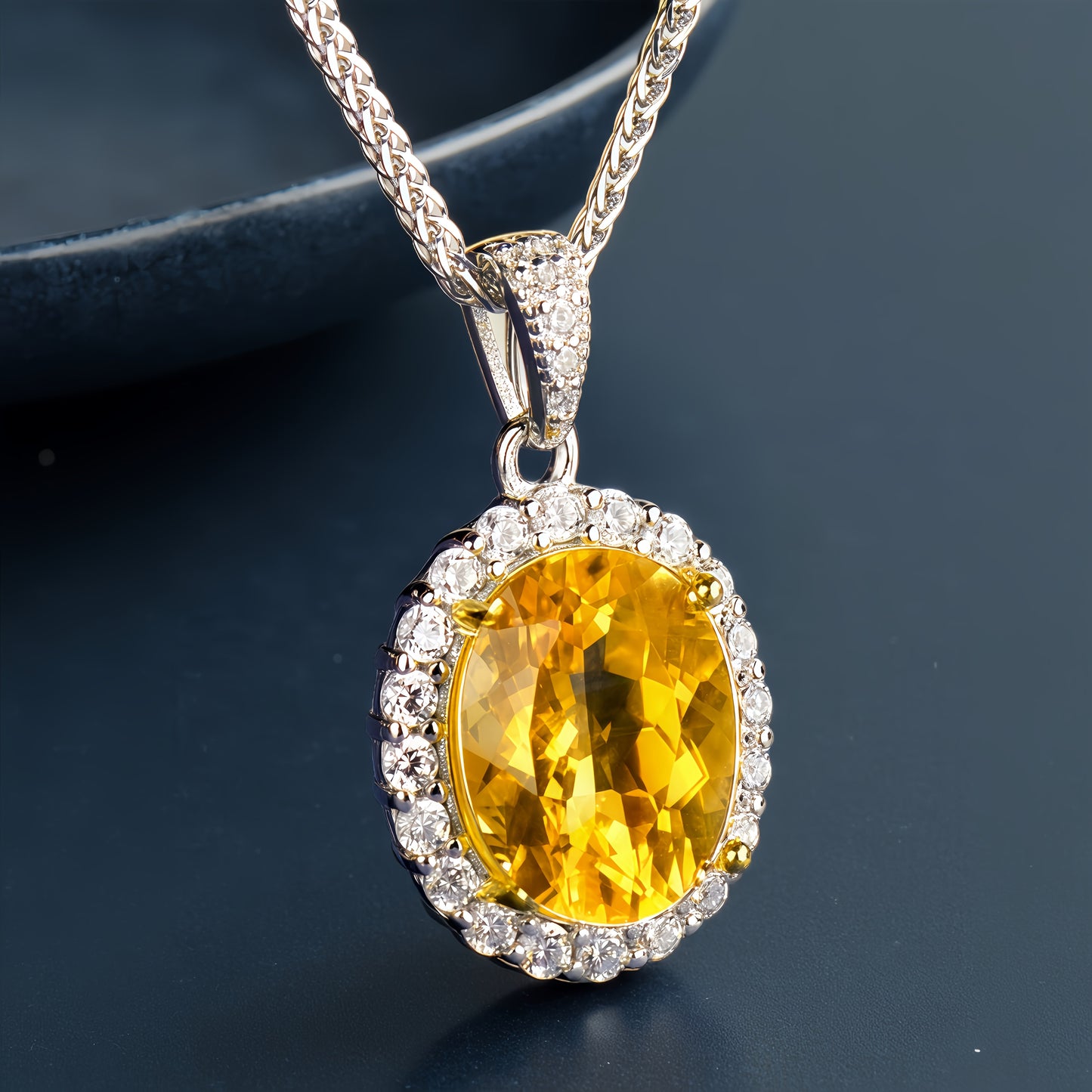Oval Cut Yellow Citrine CZ Halo Pendant Necklace For Women, Copper Plated Silver Full Pave White Cubic Zirconia Vintage Wedding Bridal Statement Jewelry Gift
