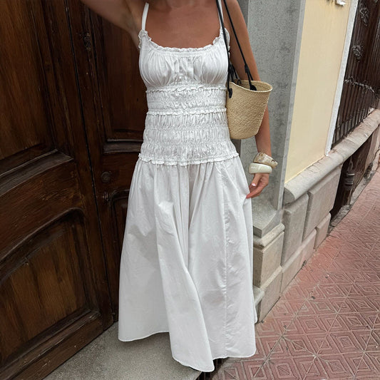 New Seasonal Pleated Long White Slip Dress