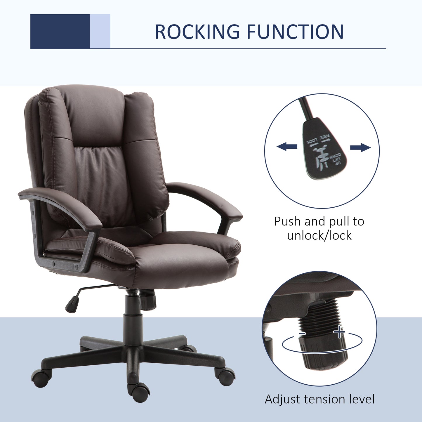 Office Chair, Computer Desk Chair, PU Leather Mid Back Executive Chair With Adjustable Height And Swivel Rolling Wheels For Home Study, Brown
